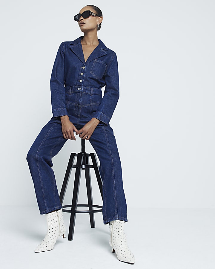 Blue Denim Long Sleeve Jumpsuit