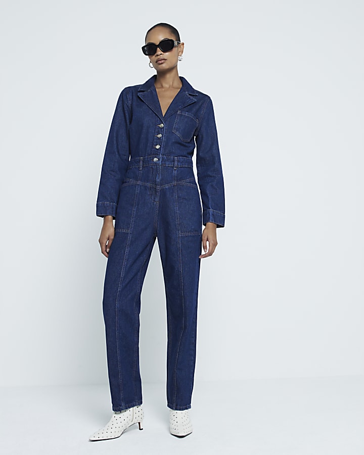 Blue Denim Long Sleeve Jumpsuit River Island