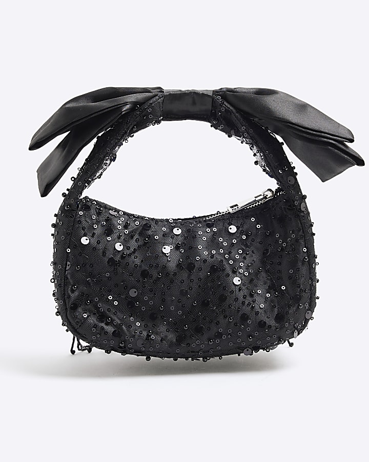 Black Beaded Bow Handle Clutch Bag