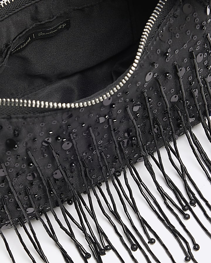 Black Beaded Bow Handle Clutch Bag