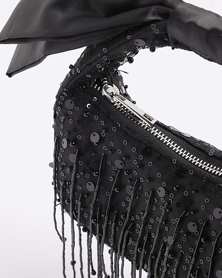 Black Beaded Bow Handle Clutch Bag