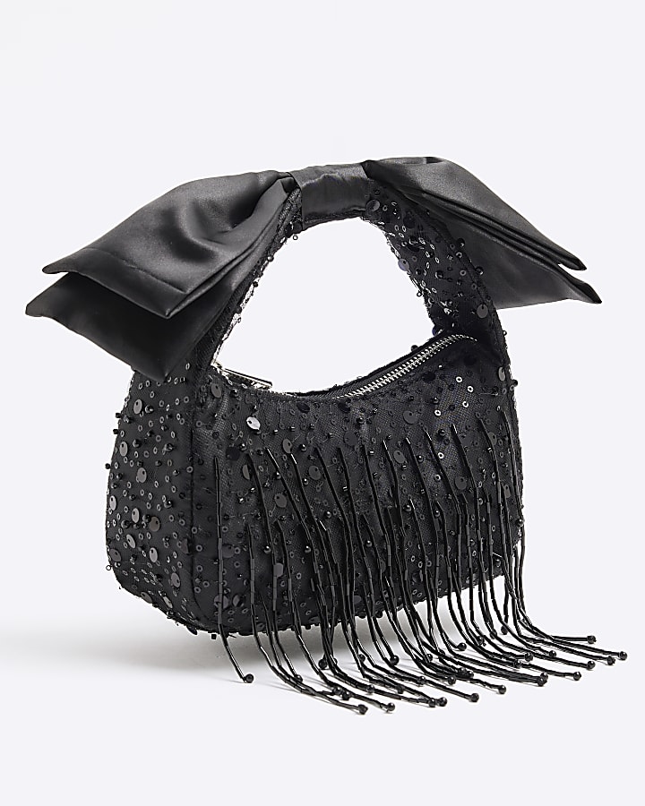 Black Beaded Bow Handle Clutch Bag