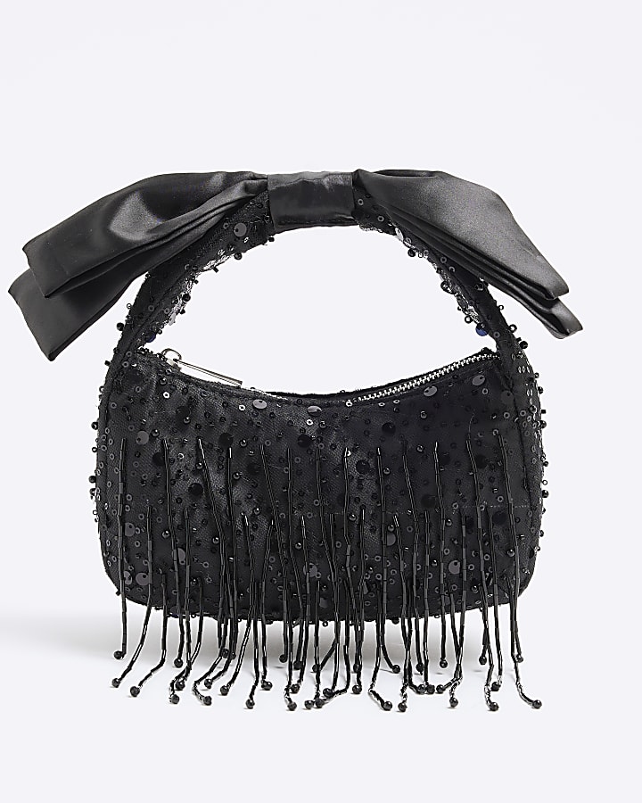 Black Beaded Bow Handle Clutch Bag