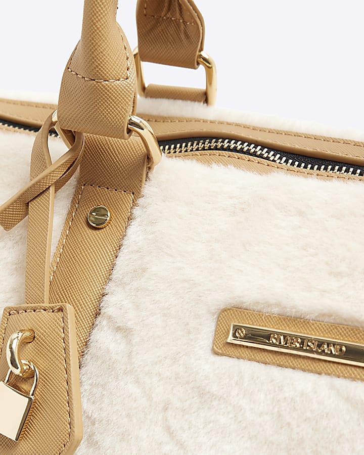 Cream Faux Fur Lock Luggage Bag