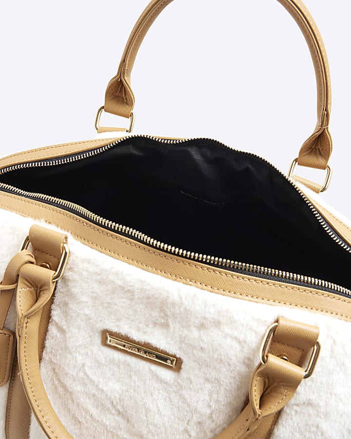 Cream Faux Fur Lock Luggage Bag