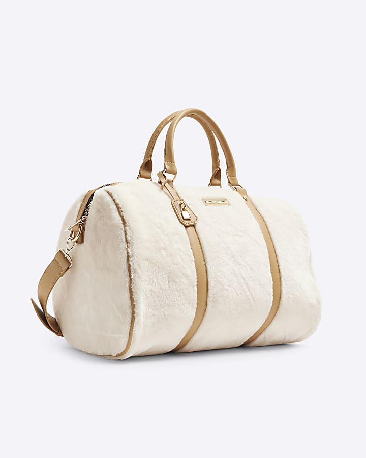 Cream Faux Fur Lock Luggage Bag