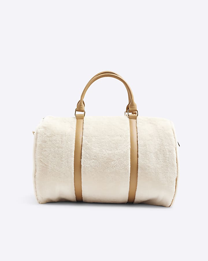 Cream Faux Fur Lock Luggage Bag