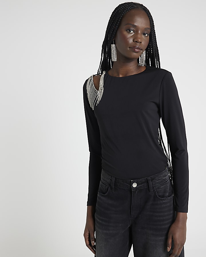 Black Diamante Fringe Cut Out Top