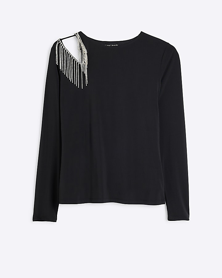 Black Diamante Fringe Cut Out Top