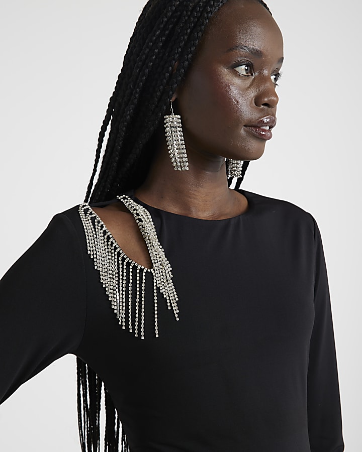 Black Diamante Fringe Cut Out Top