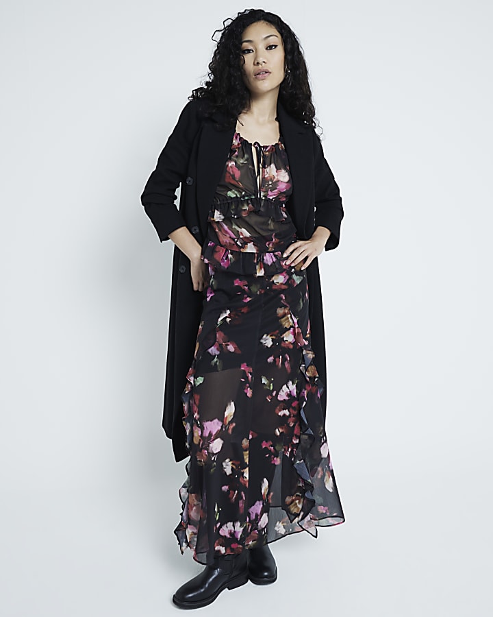 Black Chiffon Floral Ruffle Maxi Skirt
