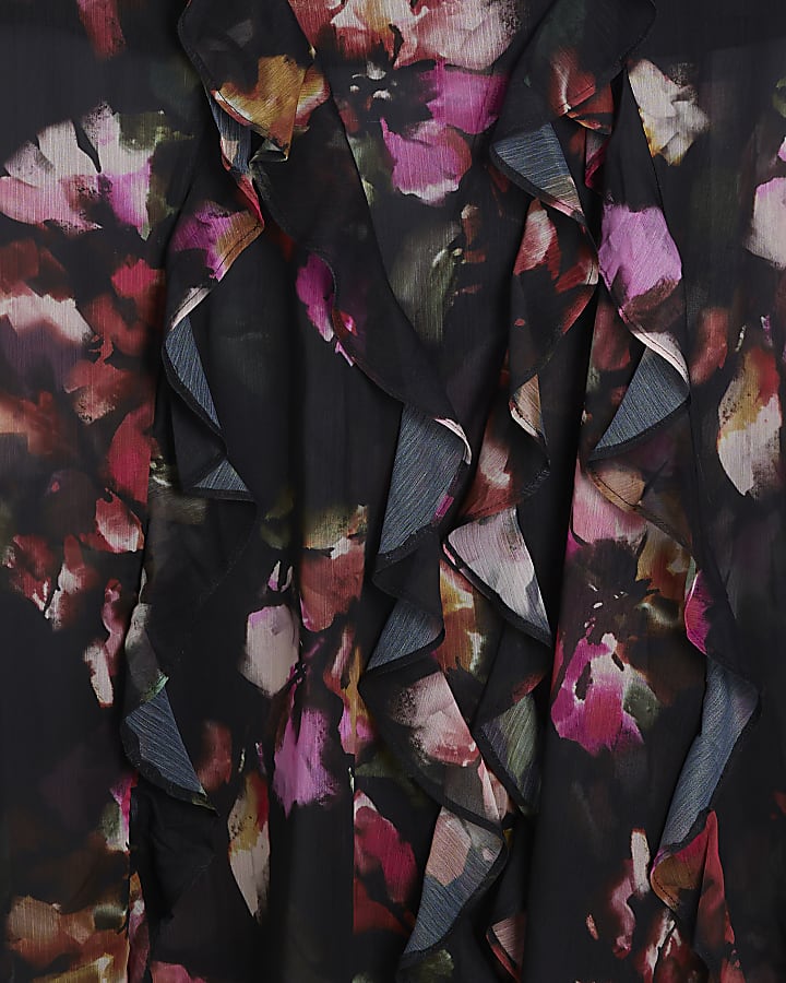 Black Chiffon Floral Ruffle Maxi Skirt