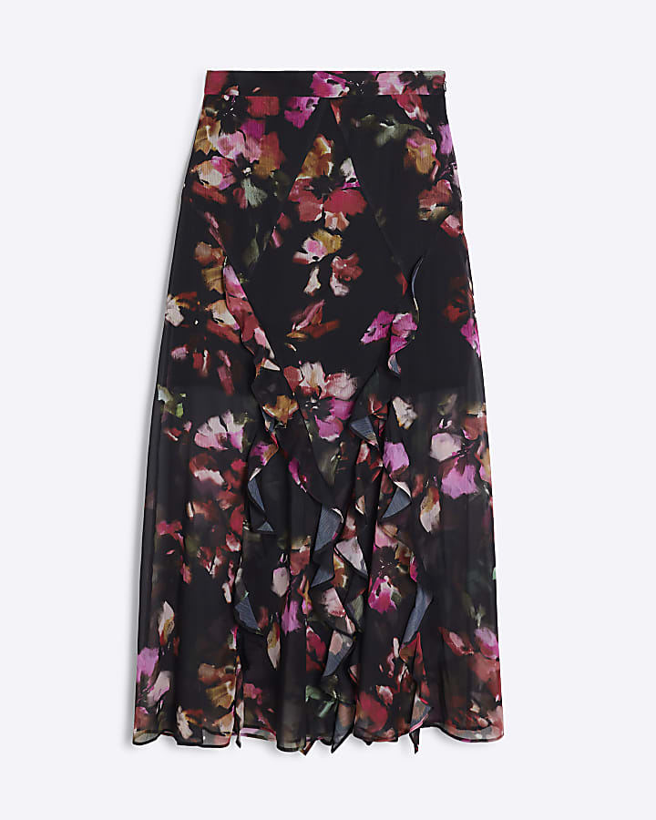 Black Chiffon Floral Ruffle Maxi Skirt