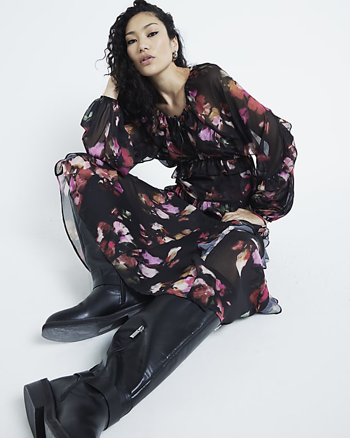 Black Chiffon Floral Ruffle Maxi Skirt