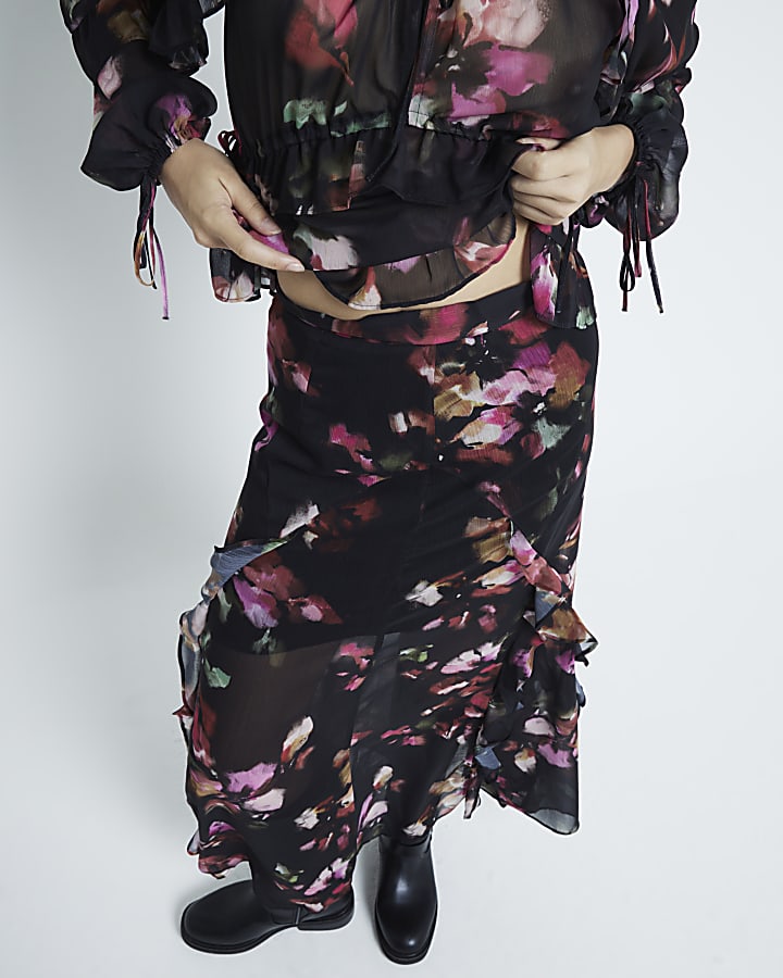 Black Chiffon Floral Ruffle Maxi Skirt