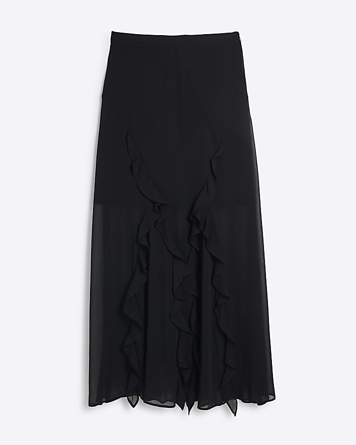 Black Chiffon Ruffle Maxi Skirt