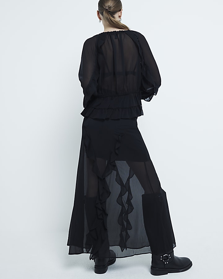 Black Chiffon Ruffle Maxi Skirt