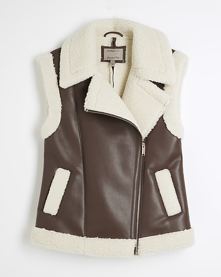 Brown Faux Leather Faux Shearling Line Gilet