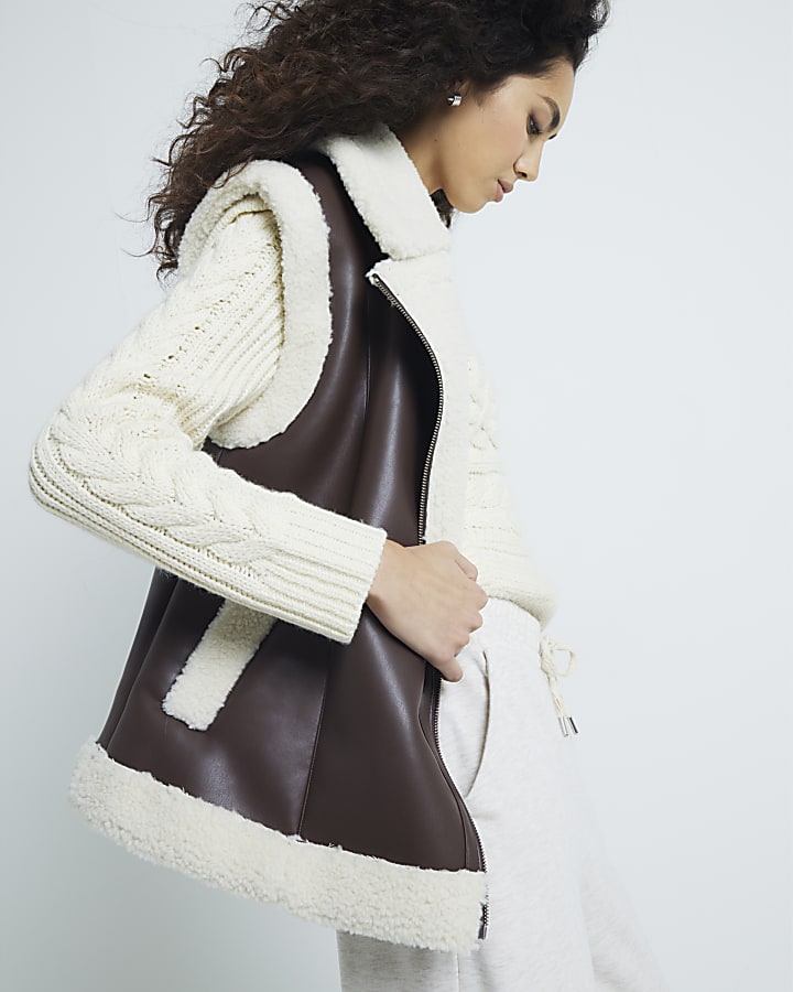 Brown Faux Leather Faux Shearling Line Gilet