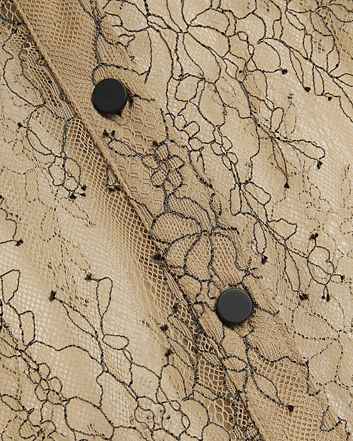 Beige Long Sleeved Sheer Lace Shirt