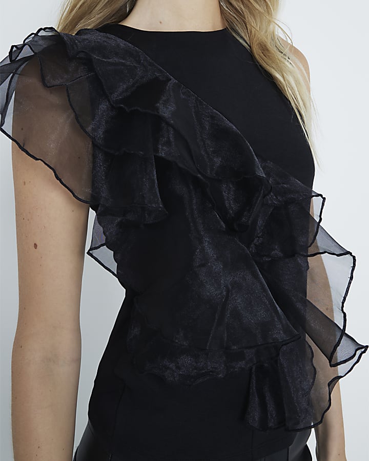 Black Organza Frill Tank Top