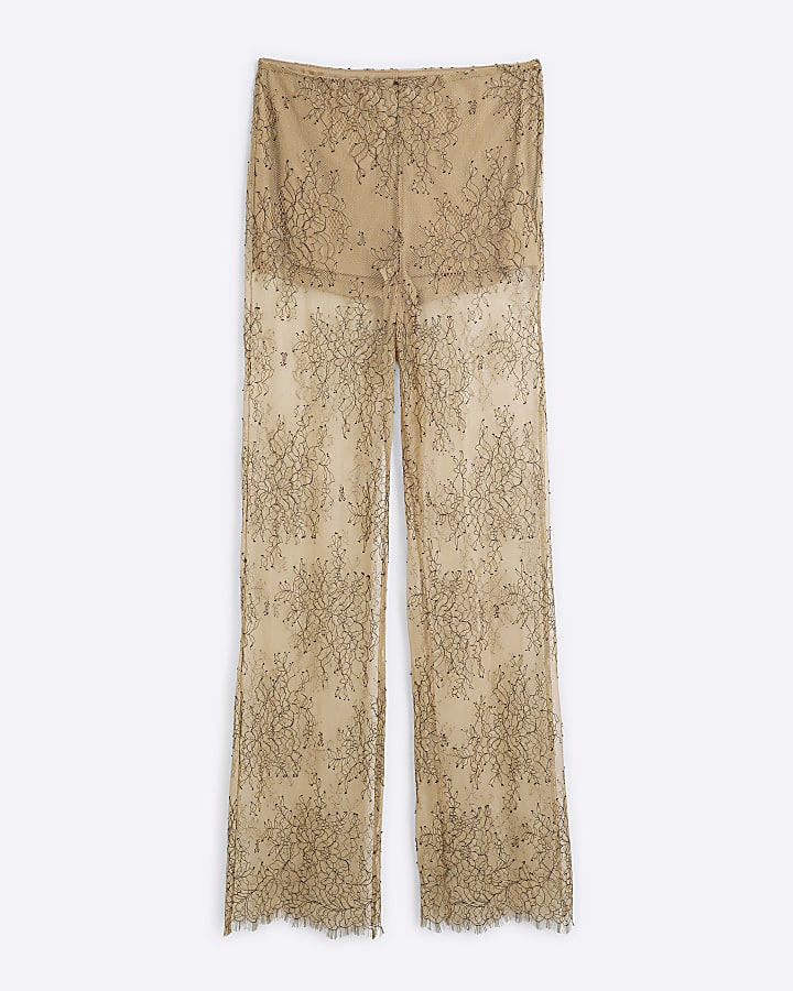 Beige Sheer Lace Trousers