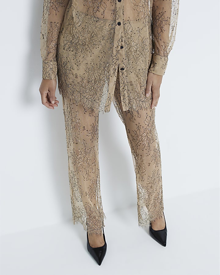 Beige Sheer Lace Trousers