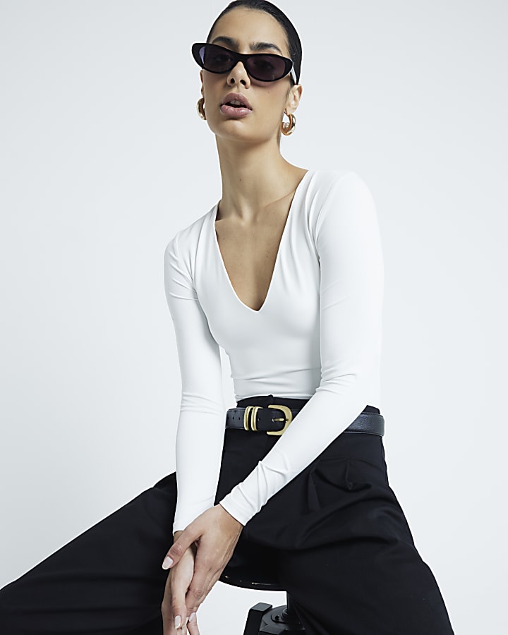White Long Sleeved V-Neck Bodysuit