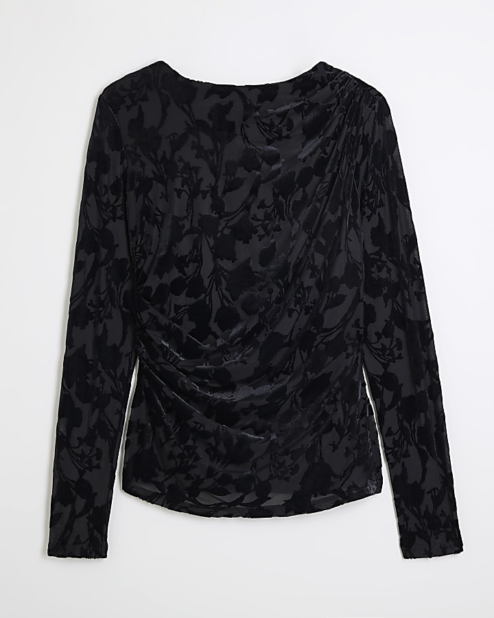 Black Devore  Long Sleeve Floral Drape Top