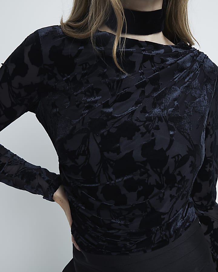 Black Devore  Long Sleeve Floral Drape Top