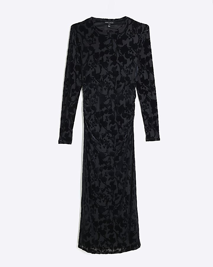 Black Devore Floral Long Sleeve Maxi Dress