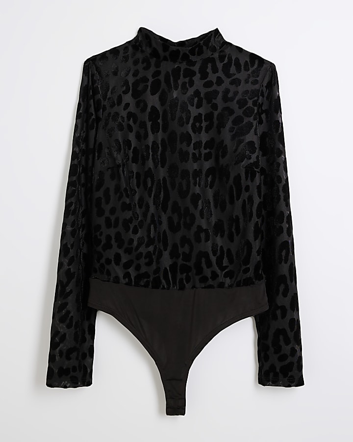 Black Leopard Print Velvet Devore Bodysuit