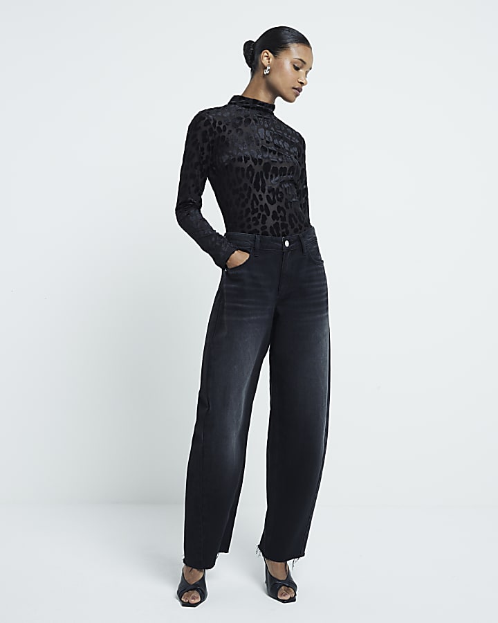 Black Leopard Print Velvet Devore Bodysuit