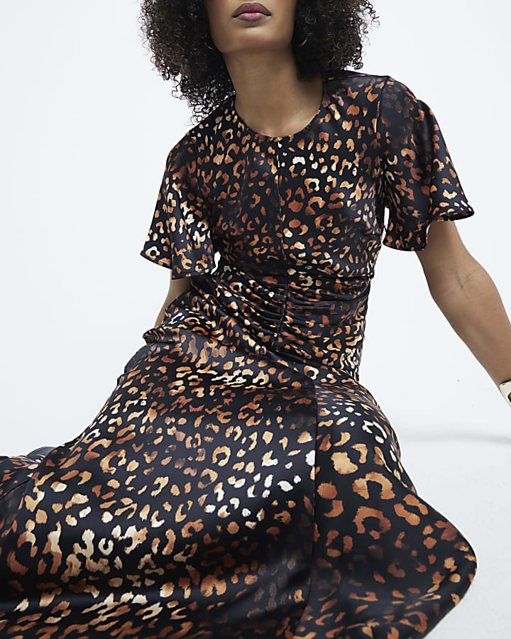 Brown Ruched Leopard Print Midi Dress