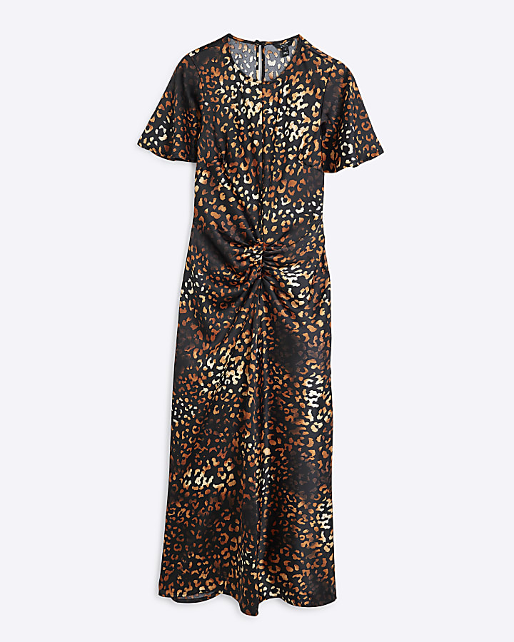 Brown Ruched Leopard Print Midi Dress