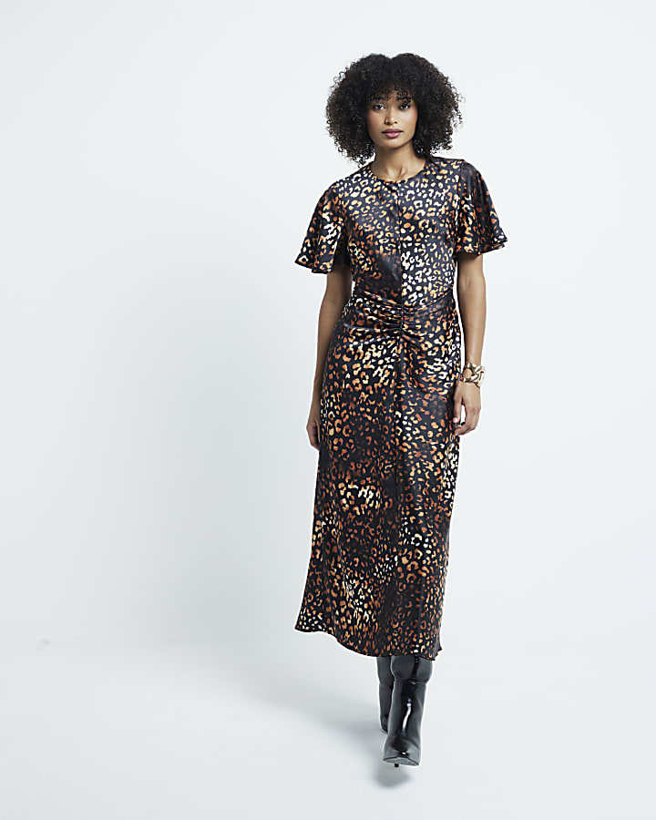 Brown Ruched Leopard Print Midi Dress