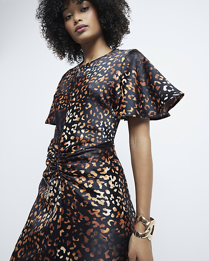 Brown Ruched Leopard Print Midi Dress