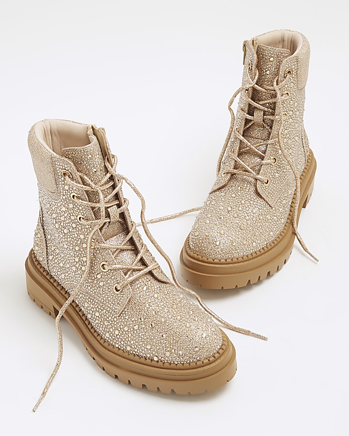 Rose Gold Glitter Hiker Lace Up Boots