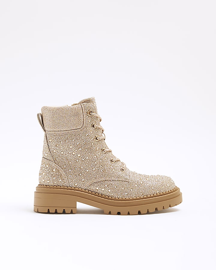 Rose Gold Glitter Hiker Lace Up Boots