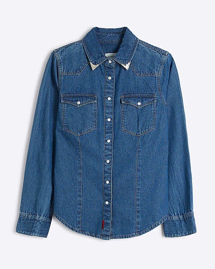 Blue denim collared western shirt