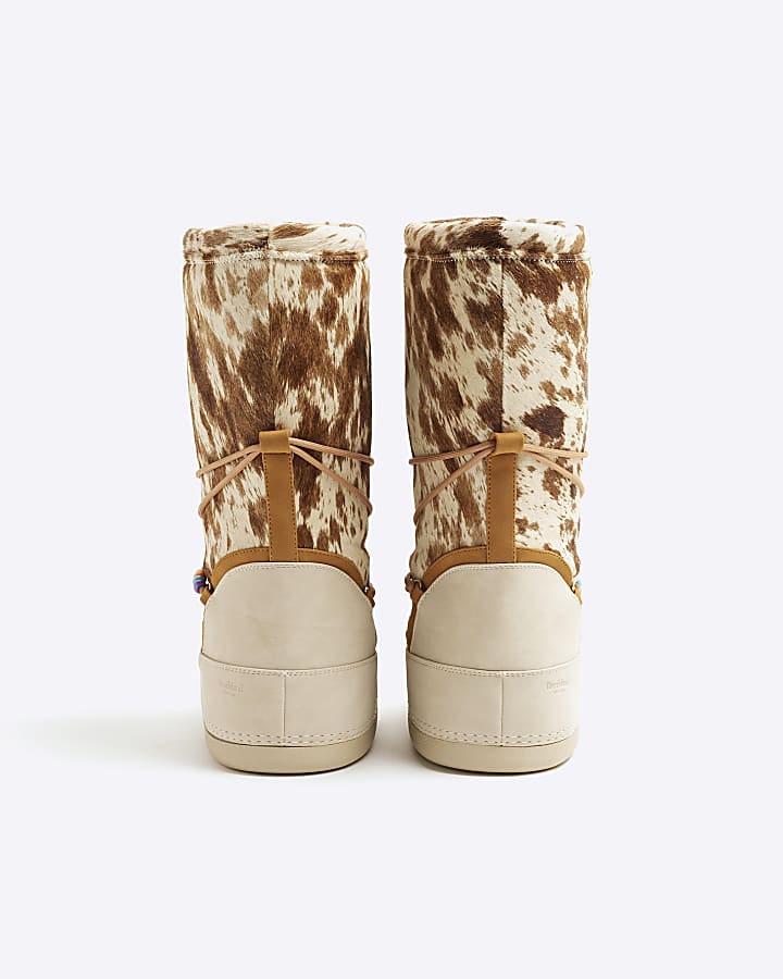 Beige Leather High Leg Cow Print Ski Boots