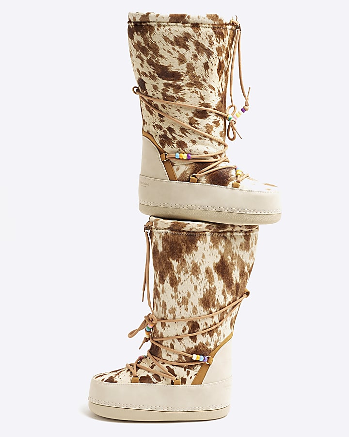 Beige Leather High Leg Cow Print Ski Boots