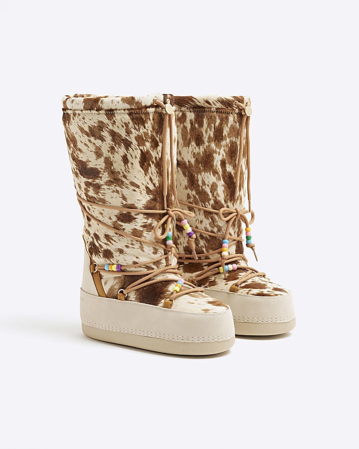 Beige Leather High Leg Cow Print Ski Boots