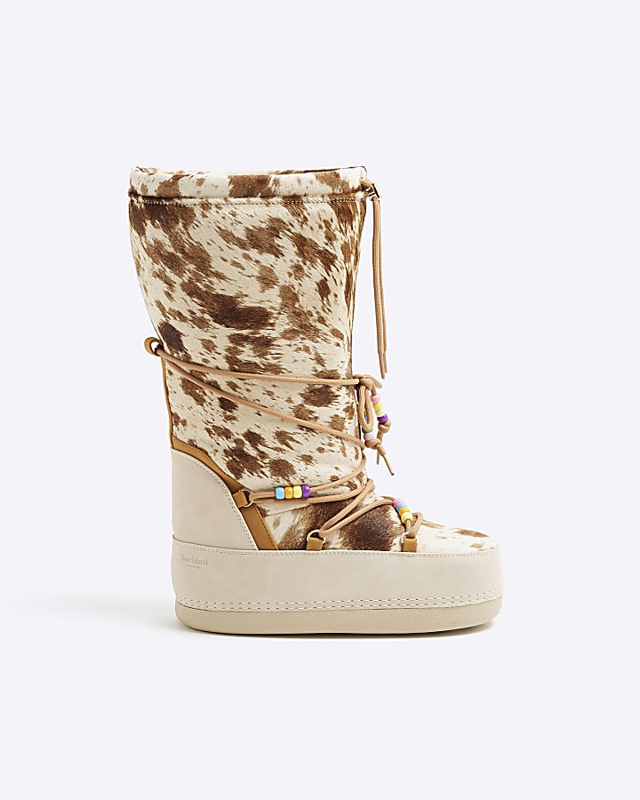 Beige Leather High Leg Cow Print Ski Boots