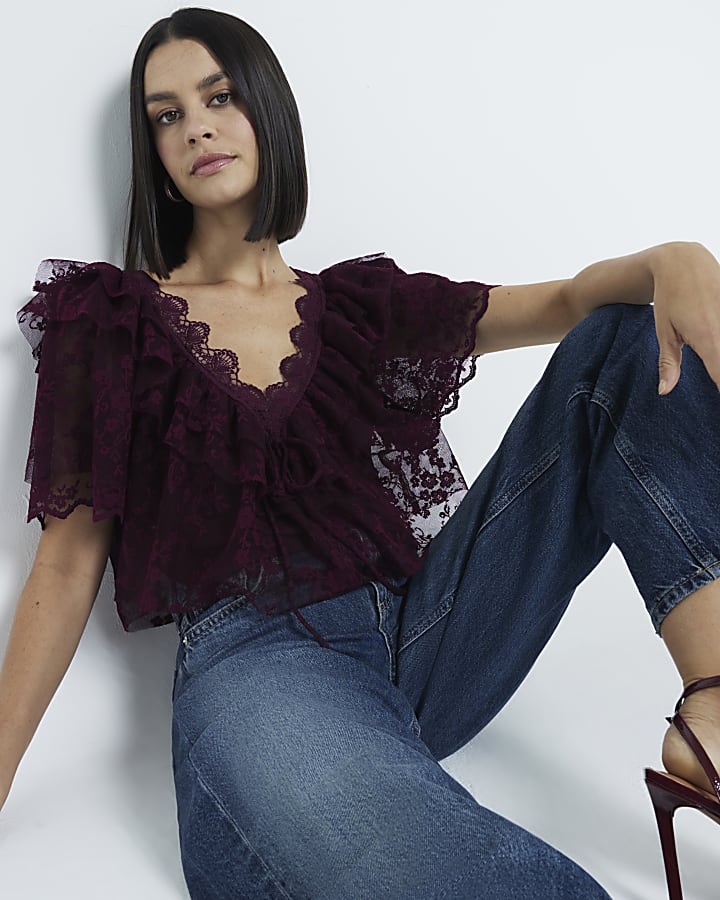 Red Short Sleeve Lace Bardot Crop Top