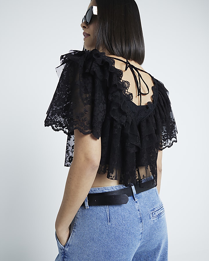 Black Short Sleeve Lace Bardot Crop Top