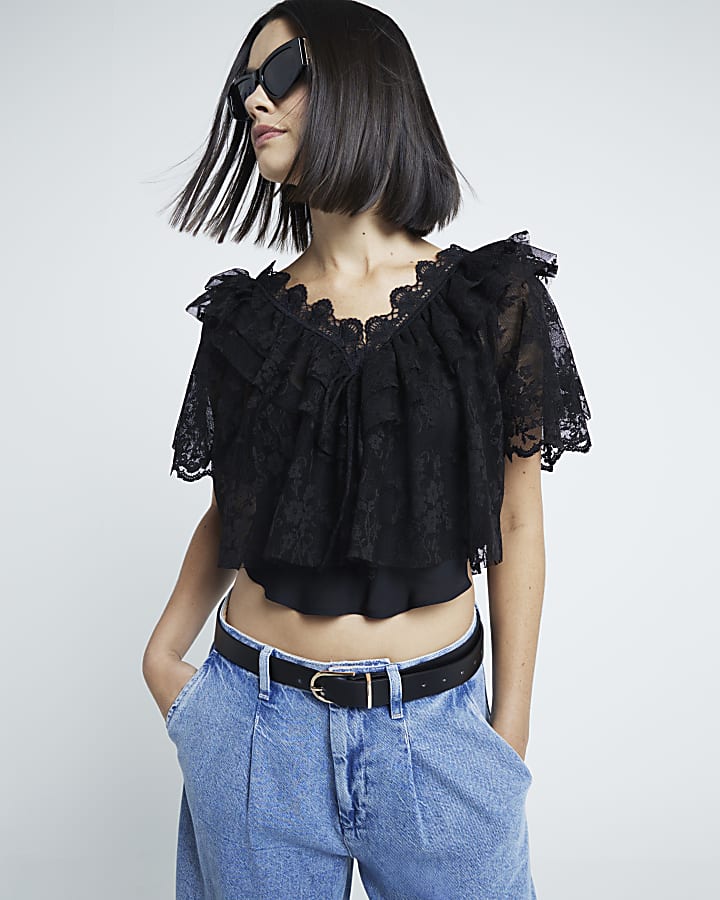 Black Short Sleeve Lace Bardot Crop Top