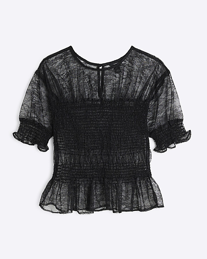 Black Lace Shirred Peplum Top