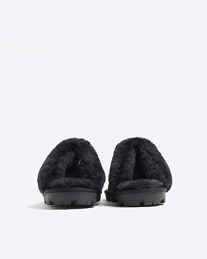 Black Suede Faux fur Lining Mule Slippers