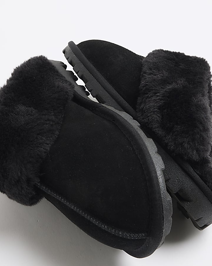 Black Suede Faux fur Lining Mule Slippers